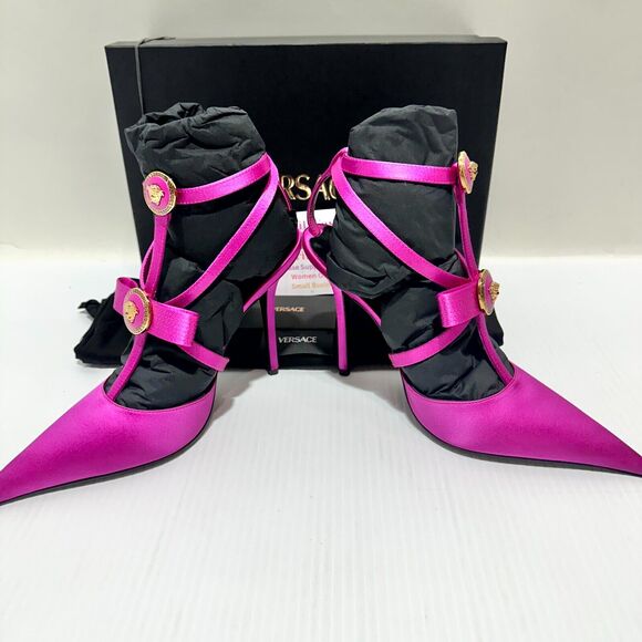 NIB Versace Gianni Ribbon 38.5 US 8.5 Pumps Fuchsia Cage Satin Ankle Strap $1325 - Picture 10 of 16